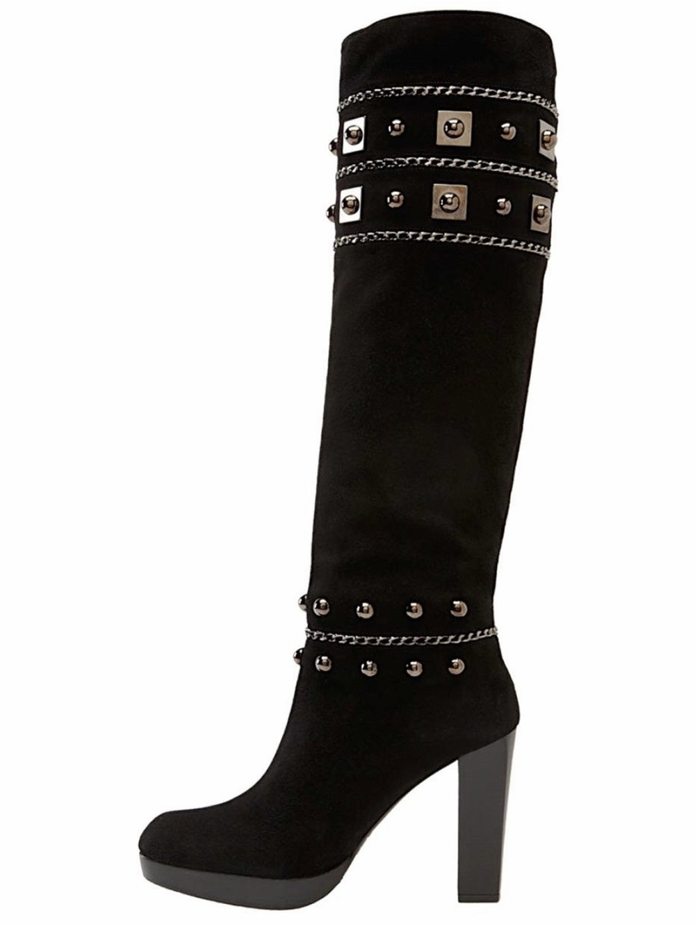 Stuart Weitzman Stadium Studded Suede Black Knee-High Heel Boot